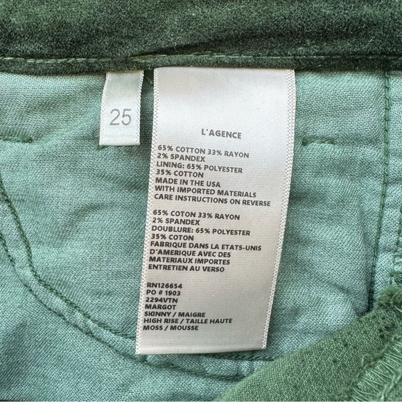 L’AGENCE Margot High Rise Velvet Skinny Jeans Moss Green Size 25 Holiday Winter - Picture 9 of 10